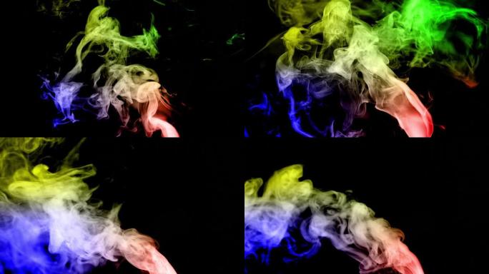 彩色烟雾颗粒散布在黑暗的屏幕上。