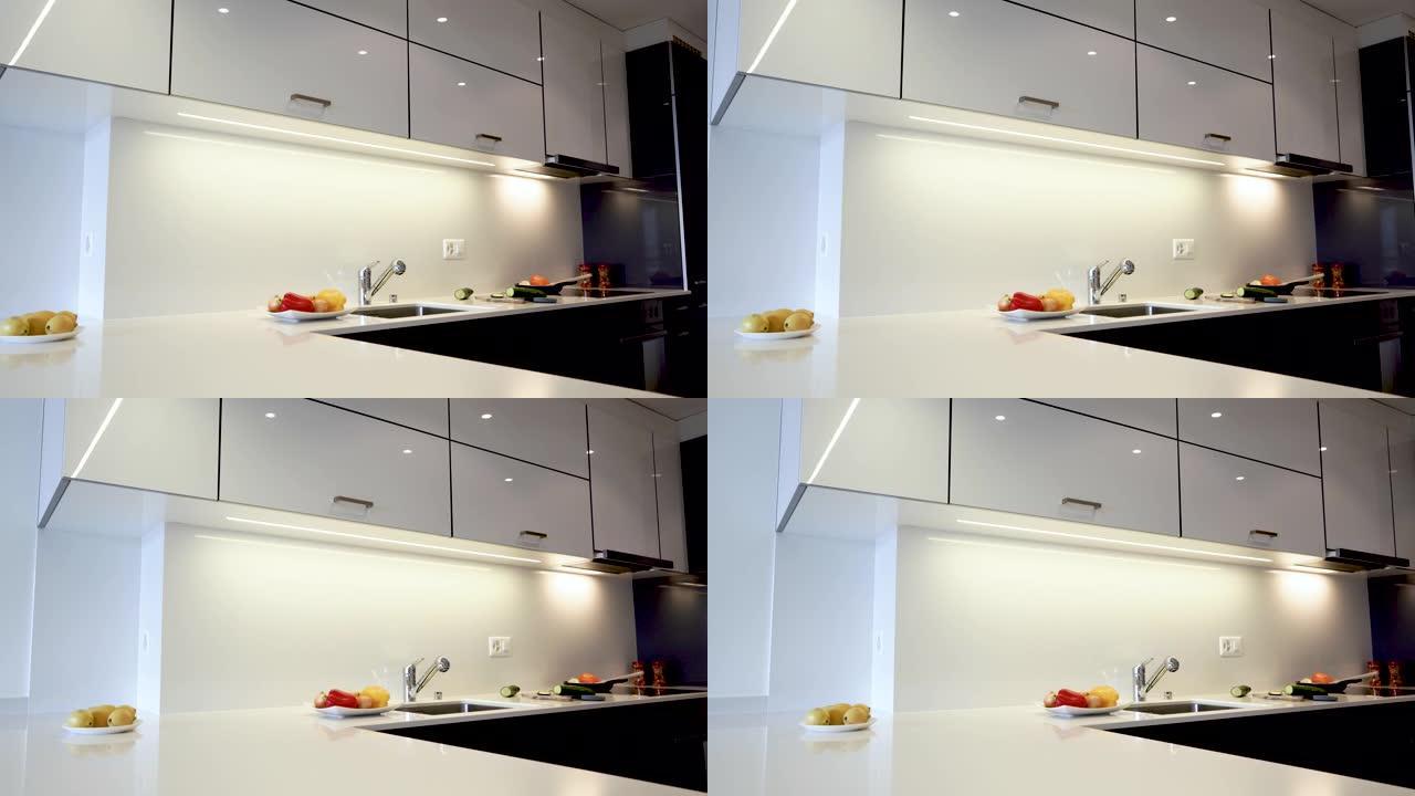 现代厨柜和现代厨柜的厨房室内设计。
