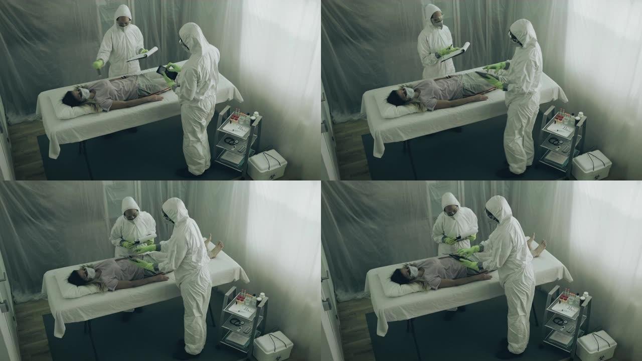 科学家照顾一个病毒躺在担架上的女人