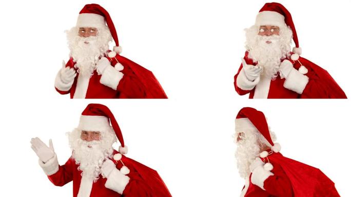 圣诞老人提着包，看着相机发了个热吻和挥手，白
