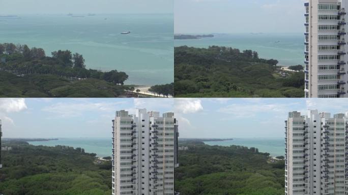 新加坡带摩天大楼的东海岸公园的4k鸟瞰图