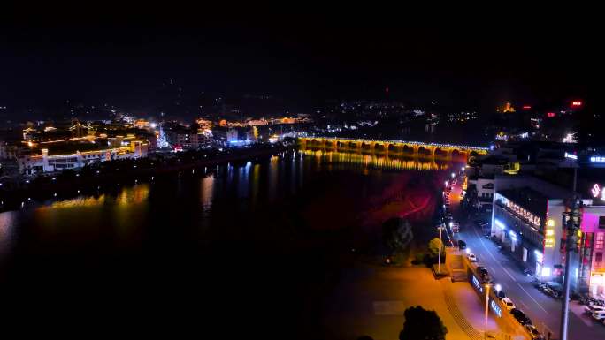 大桥车流夜景延时航拍歙县太平桥