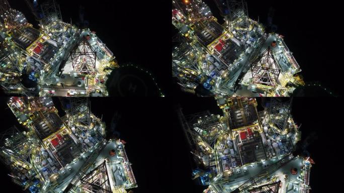 海上石油平台的空中拍摄夜间近距离工作