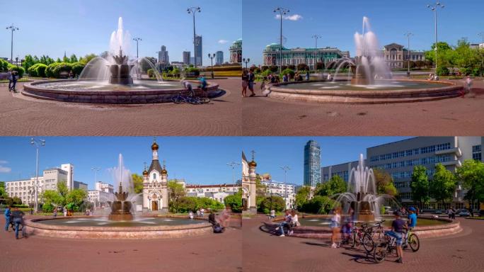 俄罗斯叶卡捷琳堡市中心美丽的喷泉，延时超延时