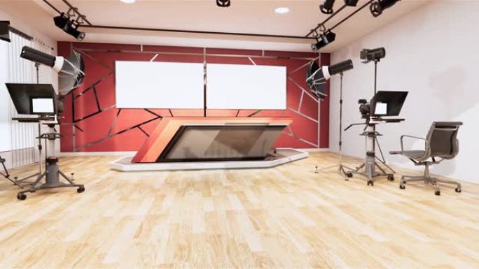 新闻演播室设计红色墙壁上的铝装饰金，电视节目背景。3d渲染