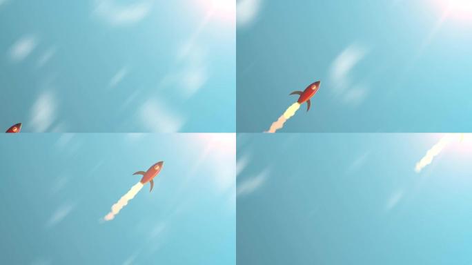 火箭发射的动画飞向太阳，并以柔和的光线穿过云层，太空概念。