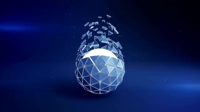 蓝色二十面体球形状和飞行多边形可循环3D渲染动画