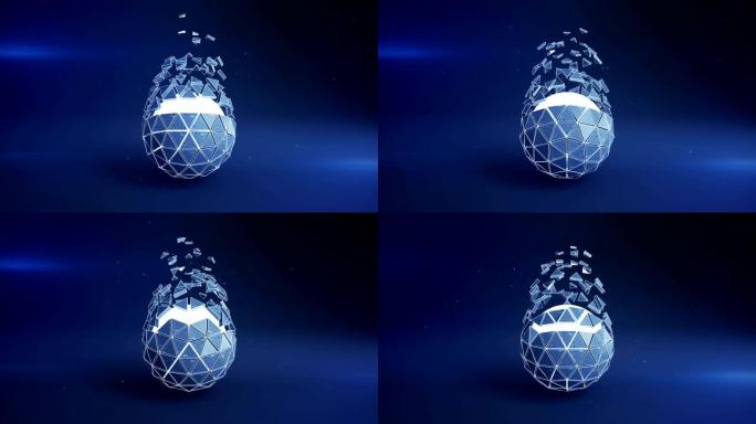 蓝色二十面体球形状和飞行多边形可循环3D渲染动画