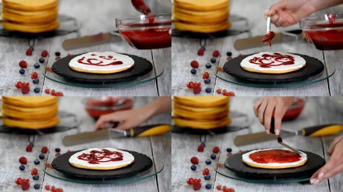 用浆果馅制作蛋糕的过程。
