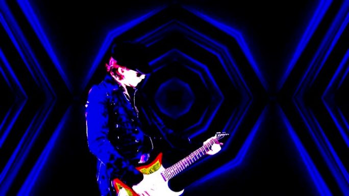 戴着帽子的酷摇滚吉他手在迷幻背景下演奏电吉他。音乐家在发光的背景下表演。