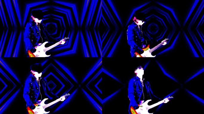 戴着帽子的酷摇滚吉他手在迷幻背景下演奏电吉他。音乐家在发光的背景下表演。