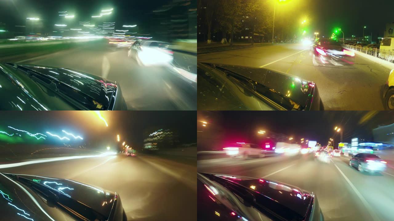 夜间通过城市的汽车驾驶侧视图的POV过度