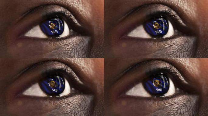 女人的黑眼睛在近距离与威斯康星州的旗帜在虹膜，美国与风运动。视频的概念