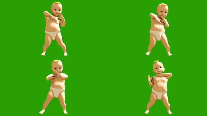 一个小孩在绿屏上跳舞。小型跳舞儿童的3D渲染动画。循环动画。