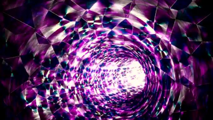 抽象全息万花筒3d涡旋镜头。发光无尽的隧道快速后退动画。扭转管内动态运动。紫色玻璃碎片。彩色马赛克门