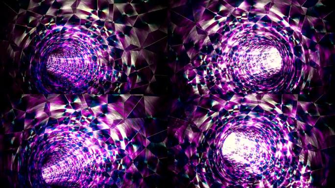 抽象全息万花筒3d涡旋镜头。发光无尽的隧道快速后退动画。扭转管内动态运动。紫色玻璃碎片。彩色马赛克门