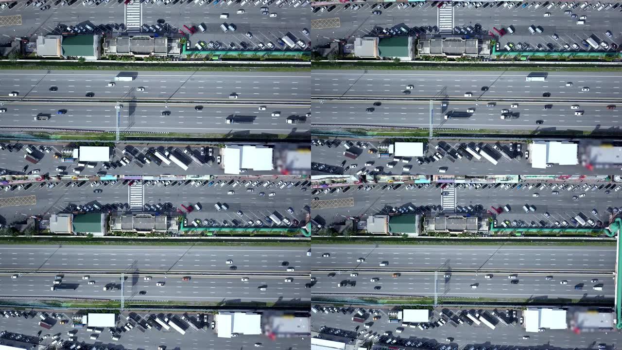 泰国曼谷-芭堤雅高速公路停车场休息区的鸟瞰图4k。