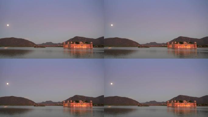 月亮升起的黄昏剪辑和斋浦尔的jal mahal宫殿