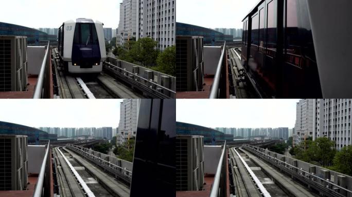 未来的自动驾驶火车在高架轨道上行驶，到达新加坡市的车站