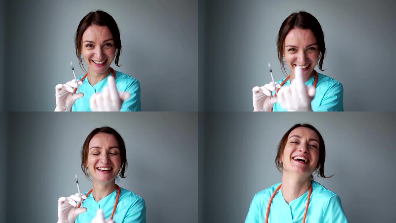 微笑的护士手里拿着注射器，笑着用手做一个诱人的手势。幽默，精神病学概念，胰岛素注射