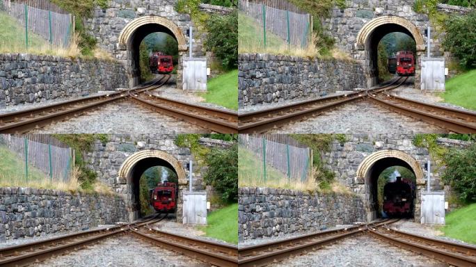 蒸汽火车驶向石拱隧道