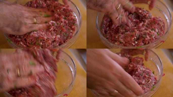 将切碎的肉和蔬菜混合物放在家里的绞肉机中