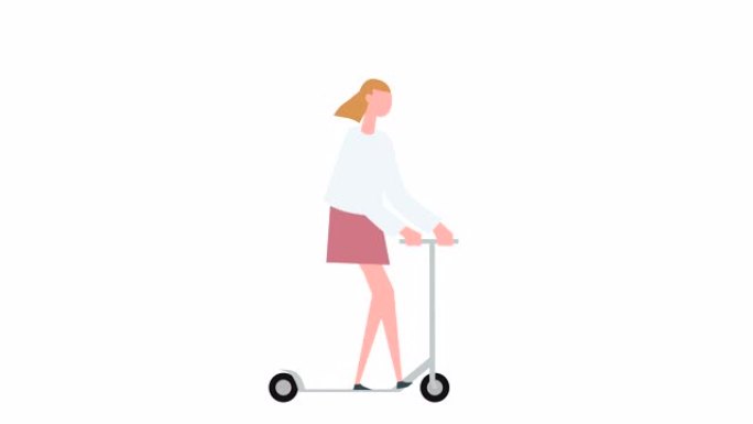 平面卡通彩色女性角色动画。女孩踢踏板车骑情况