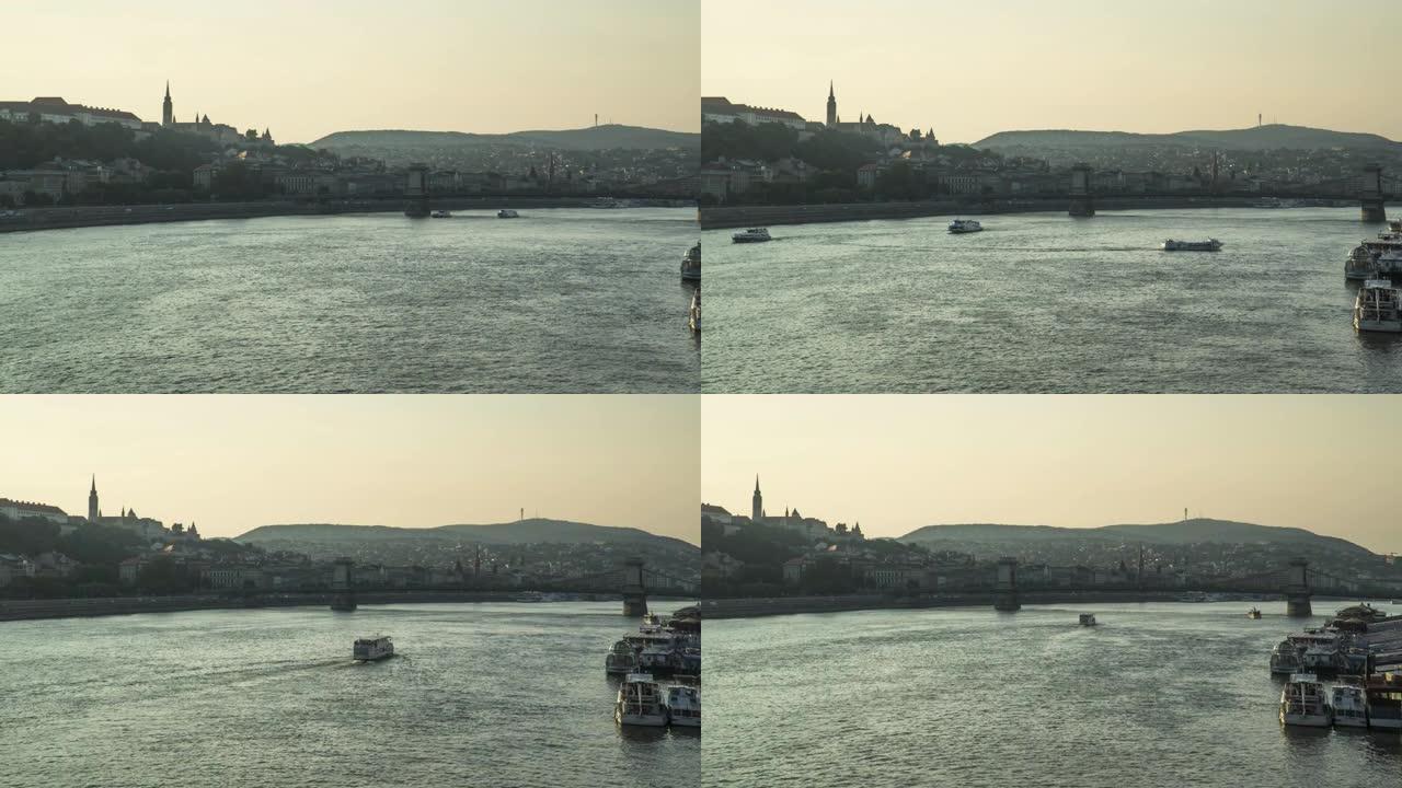 平移TL: 匈牙利布达佩斯日落时分，多瑙河周围的城市景观由伊丽莎白桥的城堡山组成