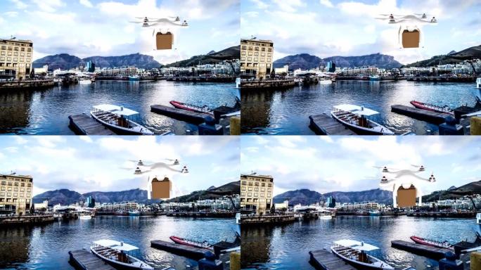 无人机在港口携带箱子