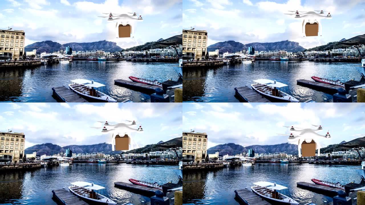 无人机在港口携带箱子