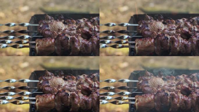 烤肉串上的新鲜肉在热木炭烤架上烧烤。特写准备肉烧烤