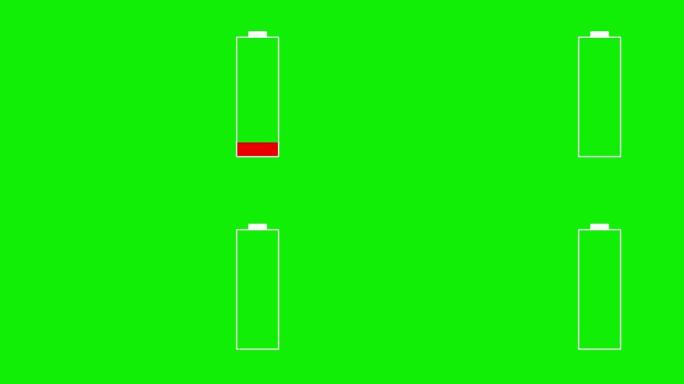 绿色背景下的动画电池低闪烁红色警告。