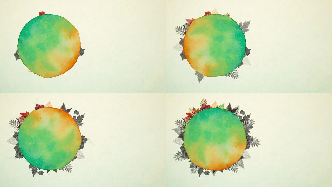 秋叶-动画视频。在不同的场景中被秋叶包围的圆圈。