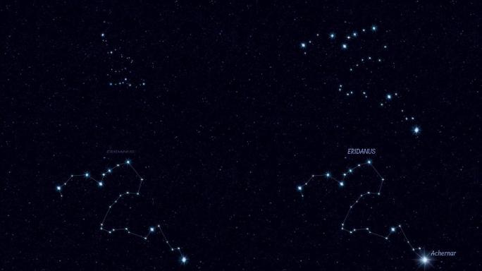 Eridanus星座，以恒星和轮廓逐渐缩放旋转图像