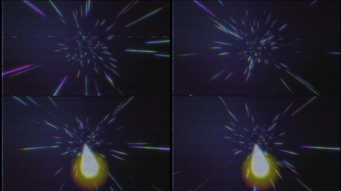 4k抽象VHS复古宇宙背景。超级跳进另一个星系。光速快，霓虹灯发光光线在运动。五颜六色的爆炸，大爆炸