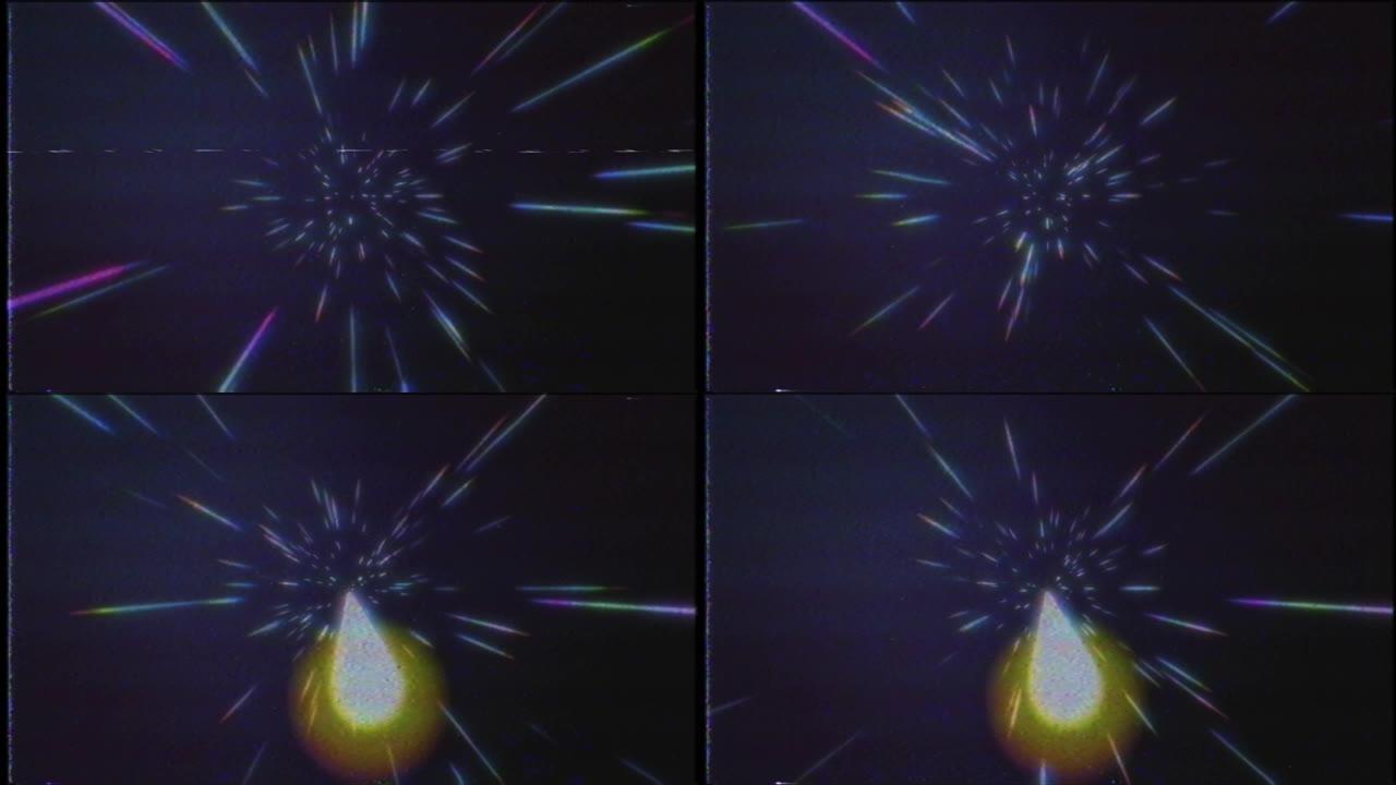 4k抽象VHS复古宇宙背景。超级跳进另一个星系。光速快，霓虹灯发光光线在运动。五颜六色的爆炸，大爆炸