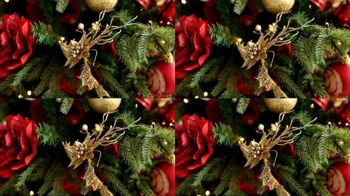 圣诞树装饰着闪闪发光的圣诞树玩具和闪亮的灯光。新年心情。