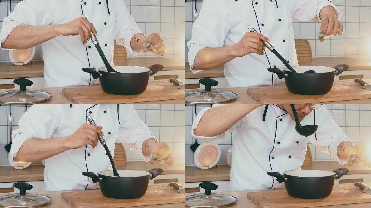 仿生手工的半机械人，在厨房做饭。假肢拿着一个物体。
