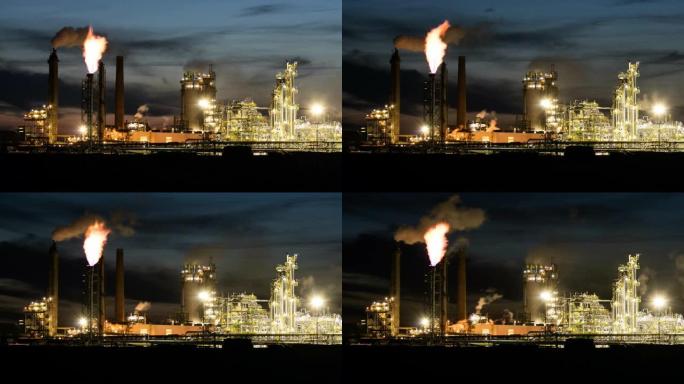石化石油工业在夜间，工厂时间流逝