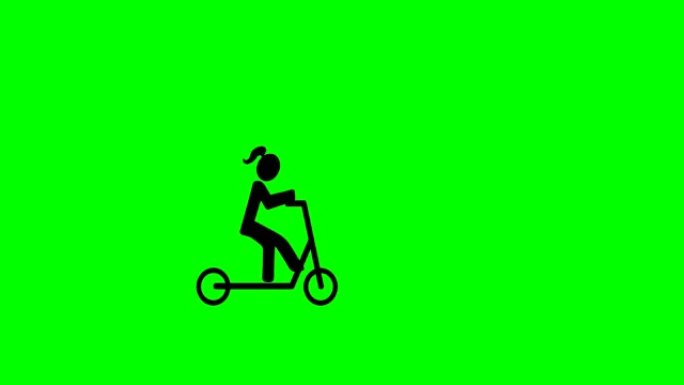 踢踏板车上的角色女孩剪影在绿色屏幕上移动。色度键4k动画。