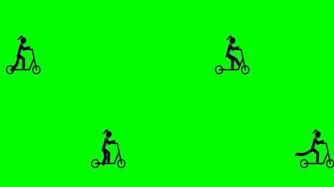 踢踏板车上的角色女孩剪影在绿色屏幕上移动。色度键4k动画。