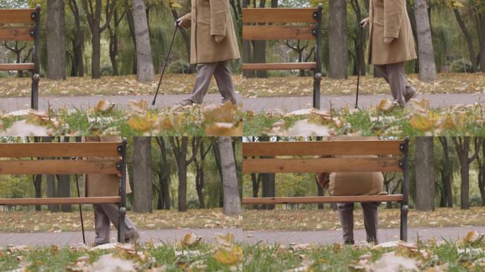 老年妇女用拐杖走路，坐在公园的长凳上，肌肉无力