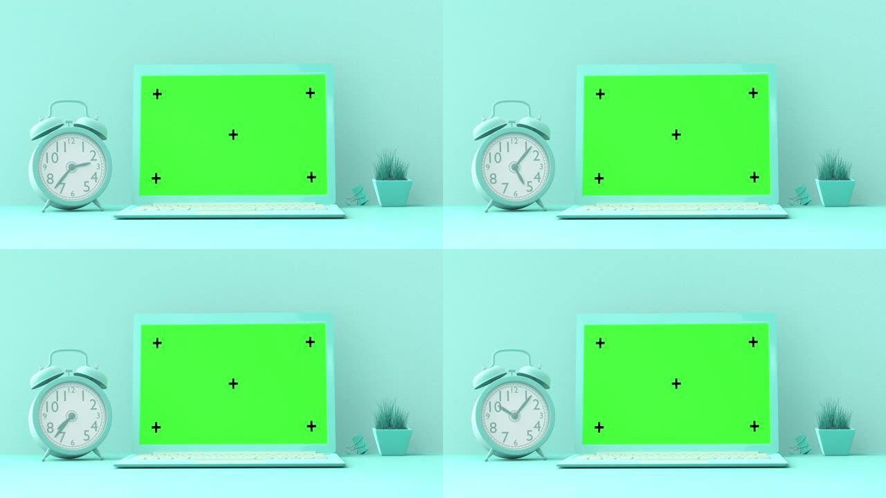 蓝色时钟办公桌和笔记本电脑模型