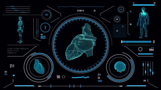 人体心脏扫描。具有HUD和信息图表元素的未来医学用户界面。虚拟技术背景。用于商业，游戏，运动设计，w