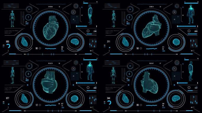 人体心脏扫描。具有HUD和信息图表元素的未来医学用户界面。虚拟技术背景。用于商业，游戏，运动设计，w