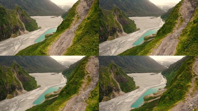新西兰山脉风景秀丽的福克斯冰川的鸟瞰图。