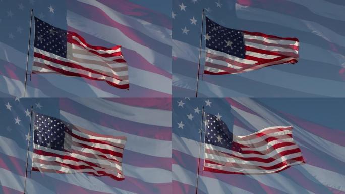 全高清右面对鬼影特写和慢动作美国国旗在风中飘扬