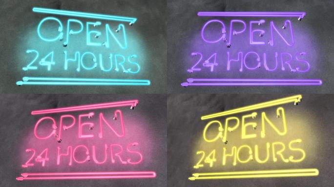 霓虹灯标志在咖啡厅酒吧餐厅24小时开放，晚上工作在当地酒吧