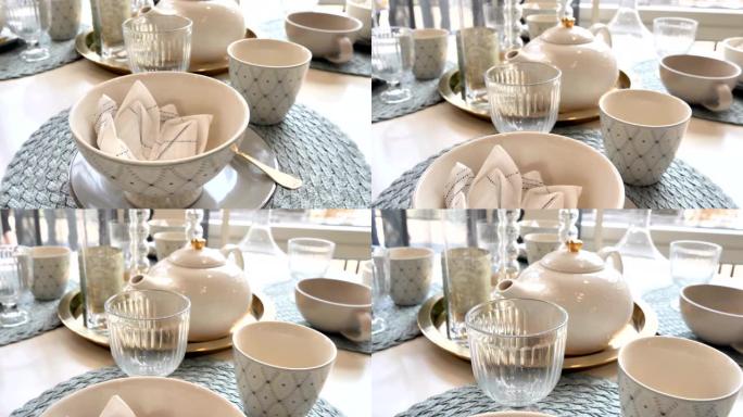 桌子上不同设计的碗和茶壶