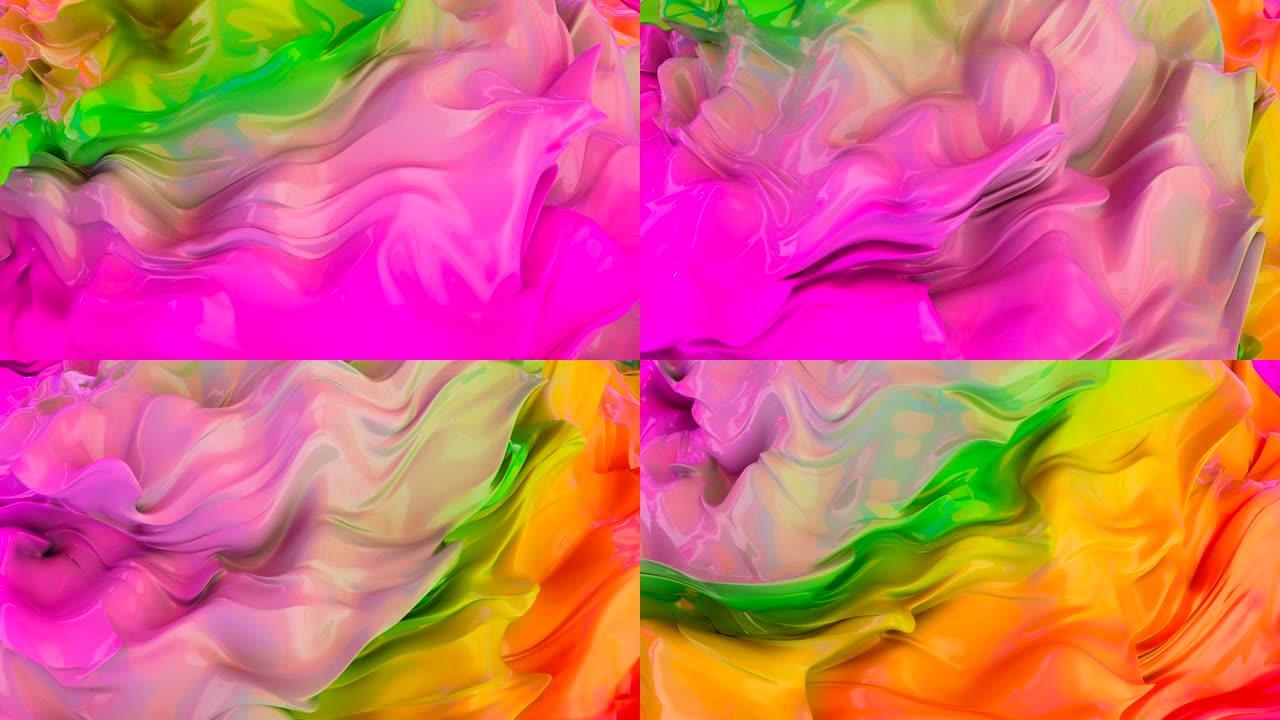 彩虹奶油纹理油漆波浪镜头。充满活力的多色浓液流。虹彩模糊流体无缝抽象动画。混合橙色、蓝色光滑油漆涂抹